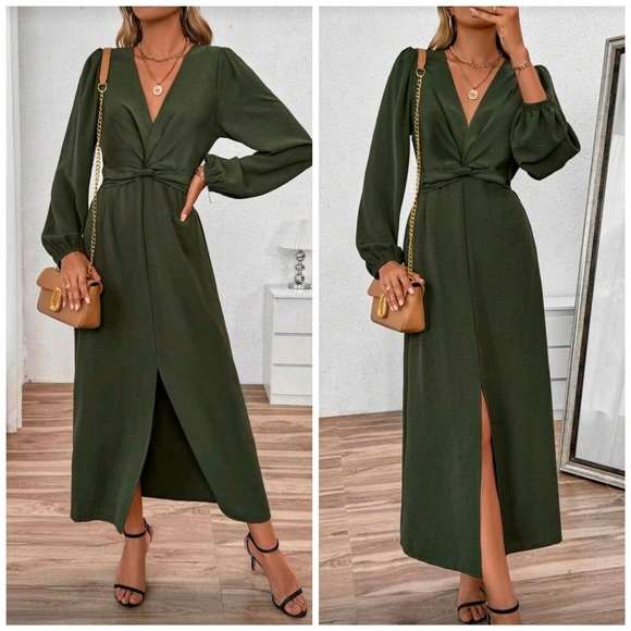 Boutique Dresses & Skirts - New Chic Plunge Twist Front Split Midi Dress Long Sleeve Olive Green